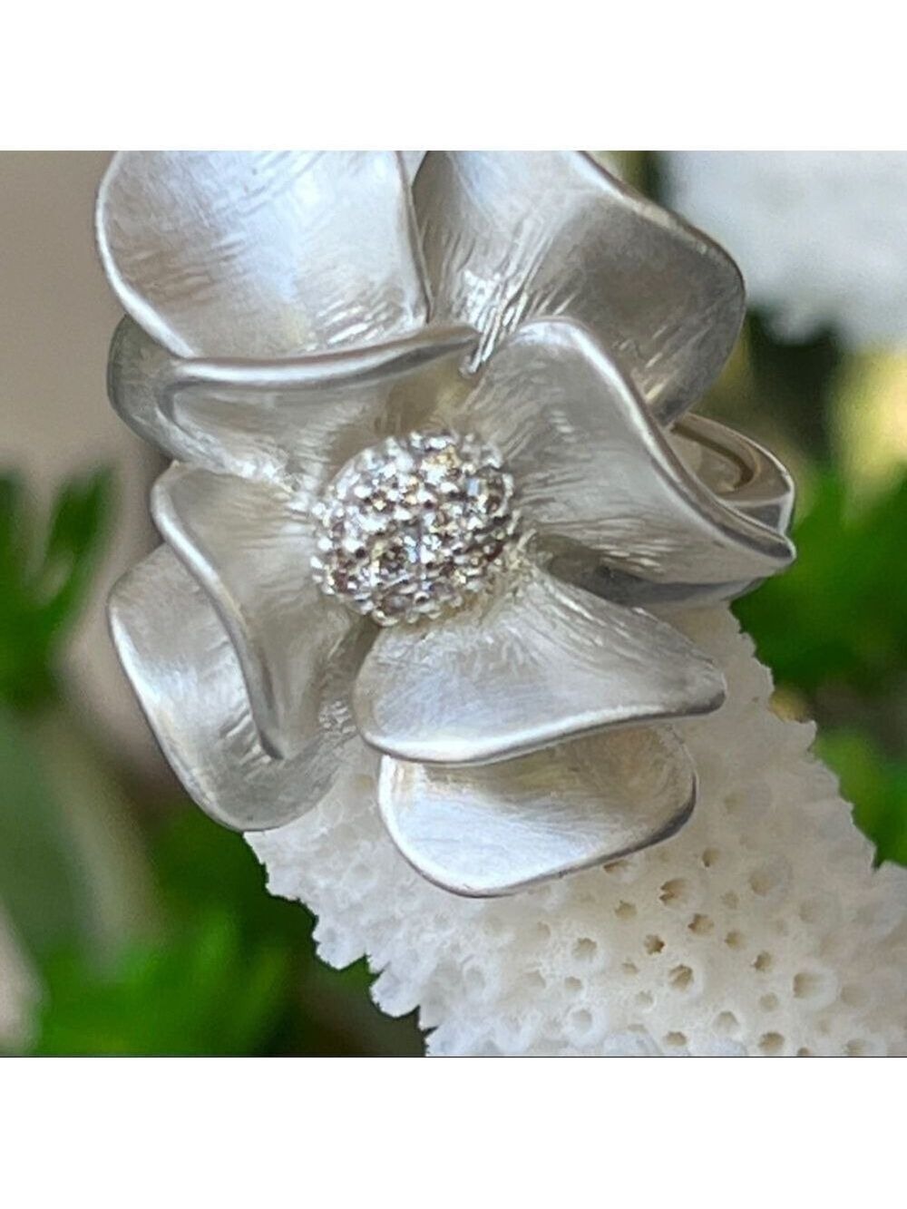 Sheila Fajl Brushed Silver Flower CZ Statement Ring